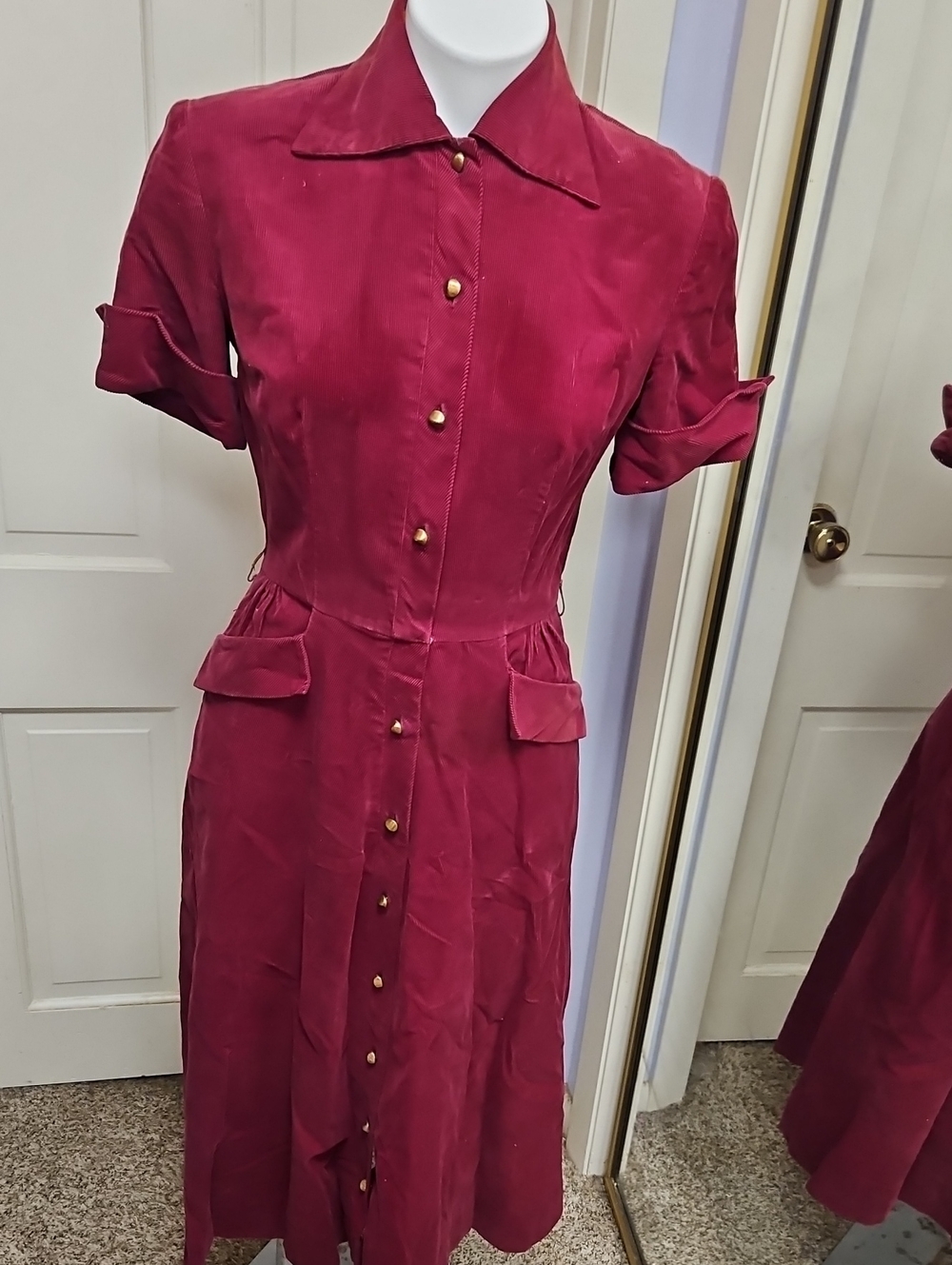 Authentic 40s vintage corduroy, brass button, shoulder pad dress